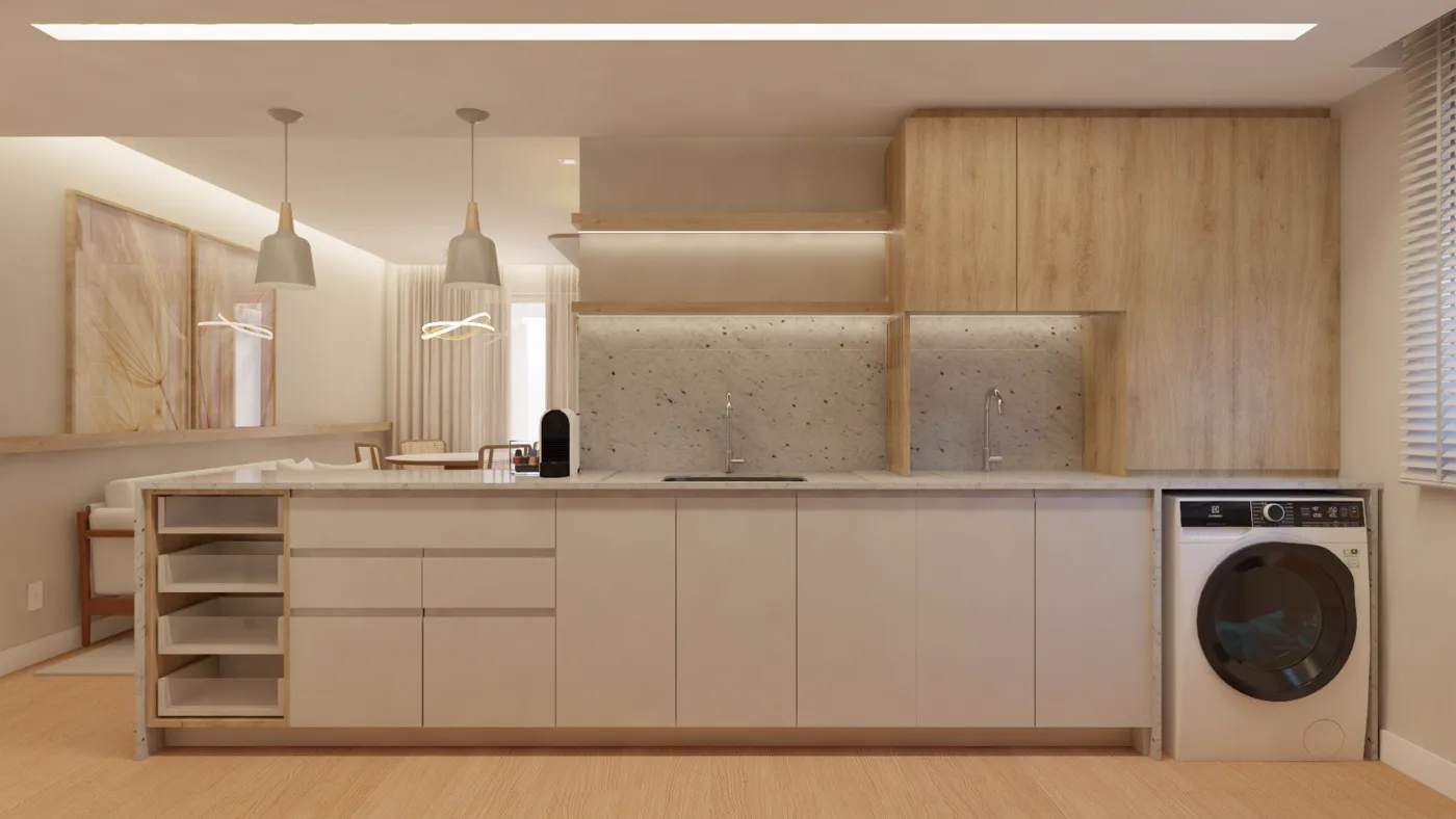 Cozinha com área de serviço integrada do apartamento do Residencial Petra Novo Hamburgo