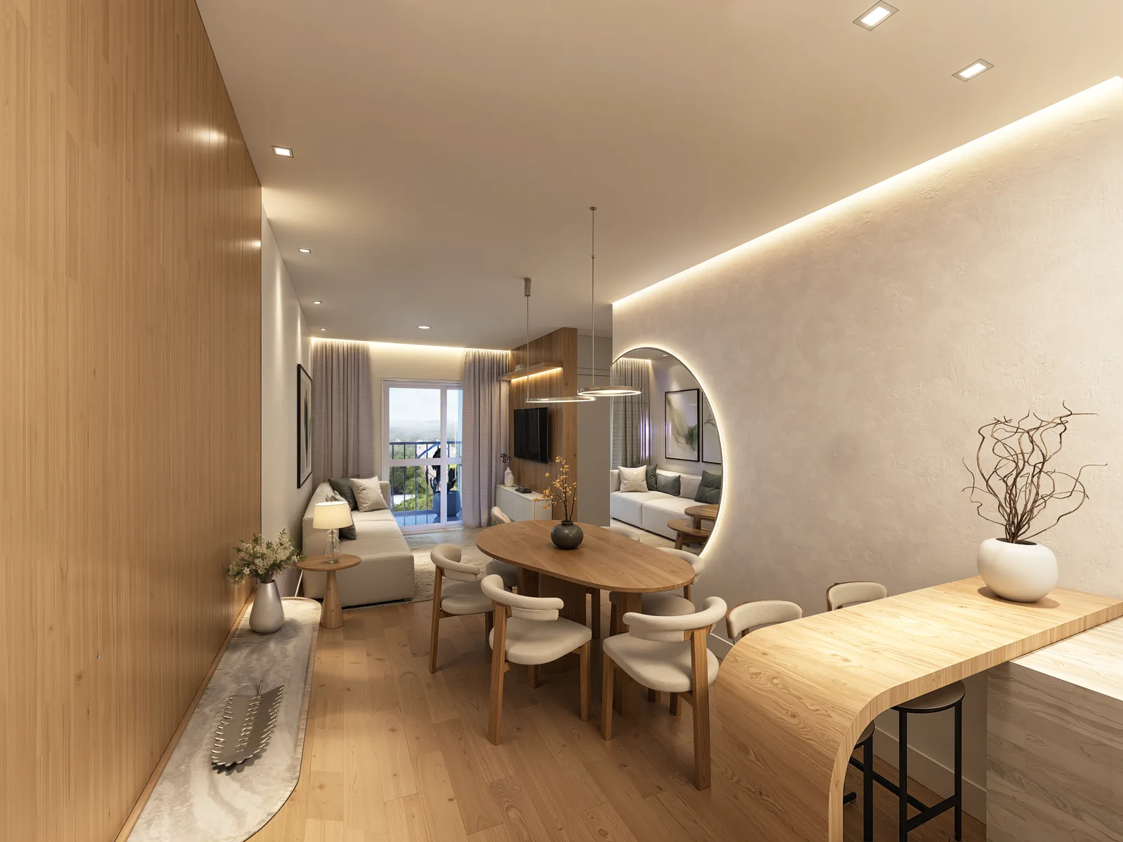 Living do apartamento decorado de 2 dormitórios do Residencial Petra Novo Hamburgo