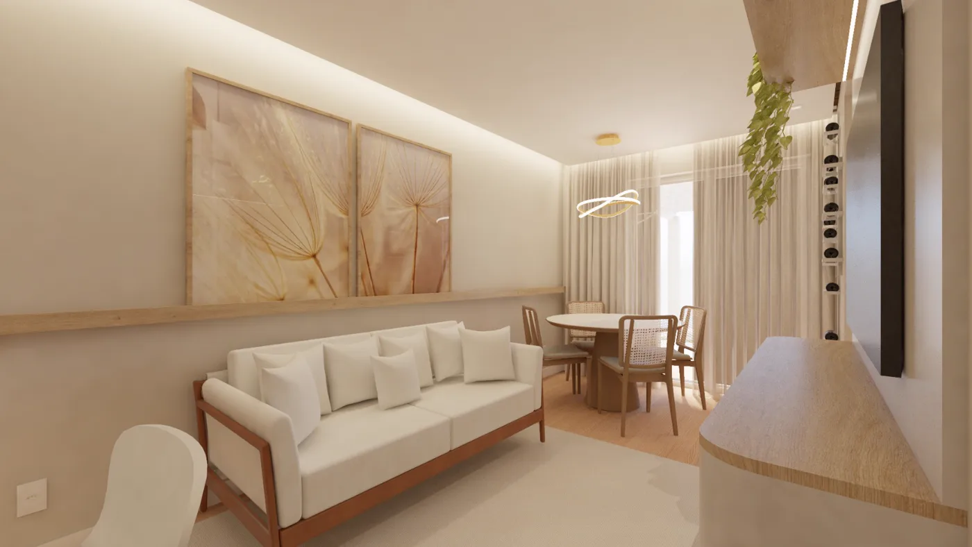 Sala de estar e jantar decorada do apartamento do Residencial Petra Novo Hamburgo