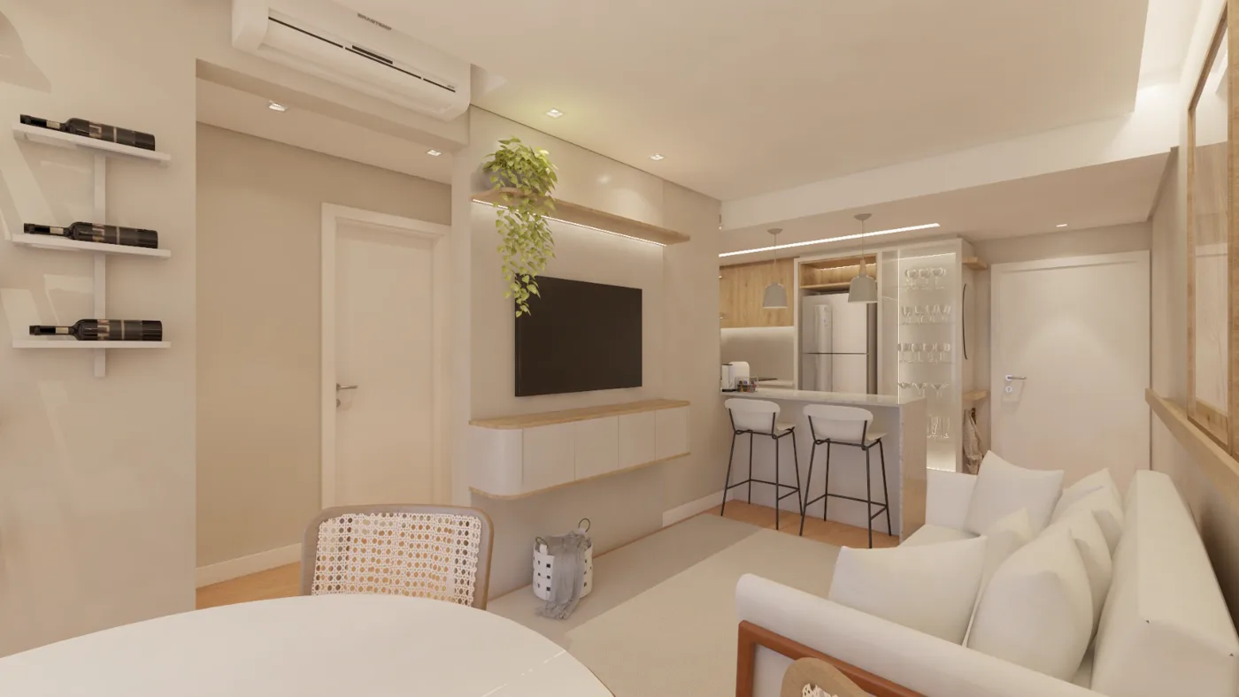 Sala integrada com cozinha americana do apartamento do Residencial Petra Novo Hamburgo