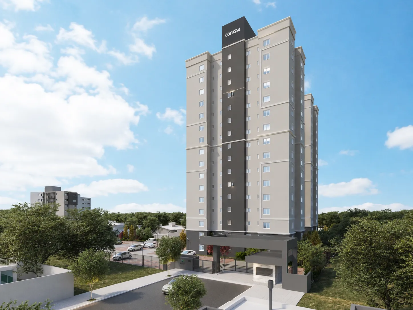 Fachada do Residencial Vega Novo Hamburgo de dia, apartamentos na planta de 2 dormitórios da Construtora Concisa no bairro Rio Branco