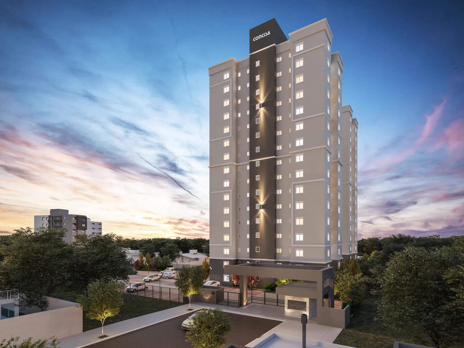 Fachada do Residencial Vega Novo Hamburgo à noite, torres de 16 andares iluminadas no bairro Rio Branco