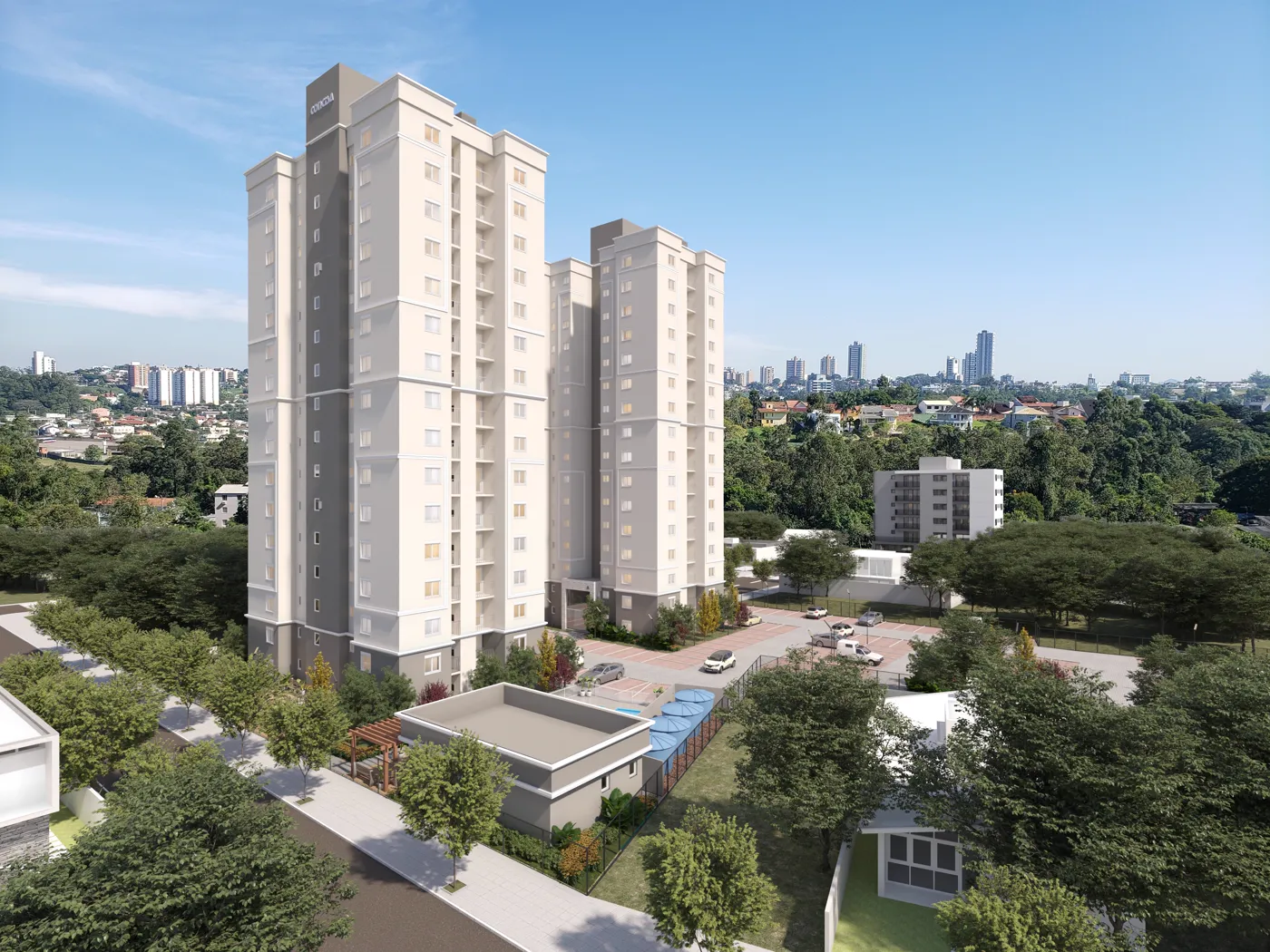 Fachada dos fundos do Residencial Vega Novo Hamburgo, torres de 16 andares da Construtora Concisa