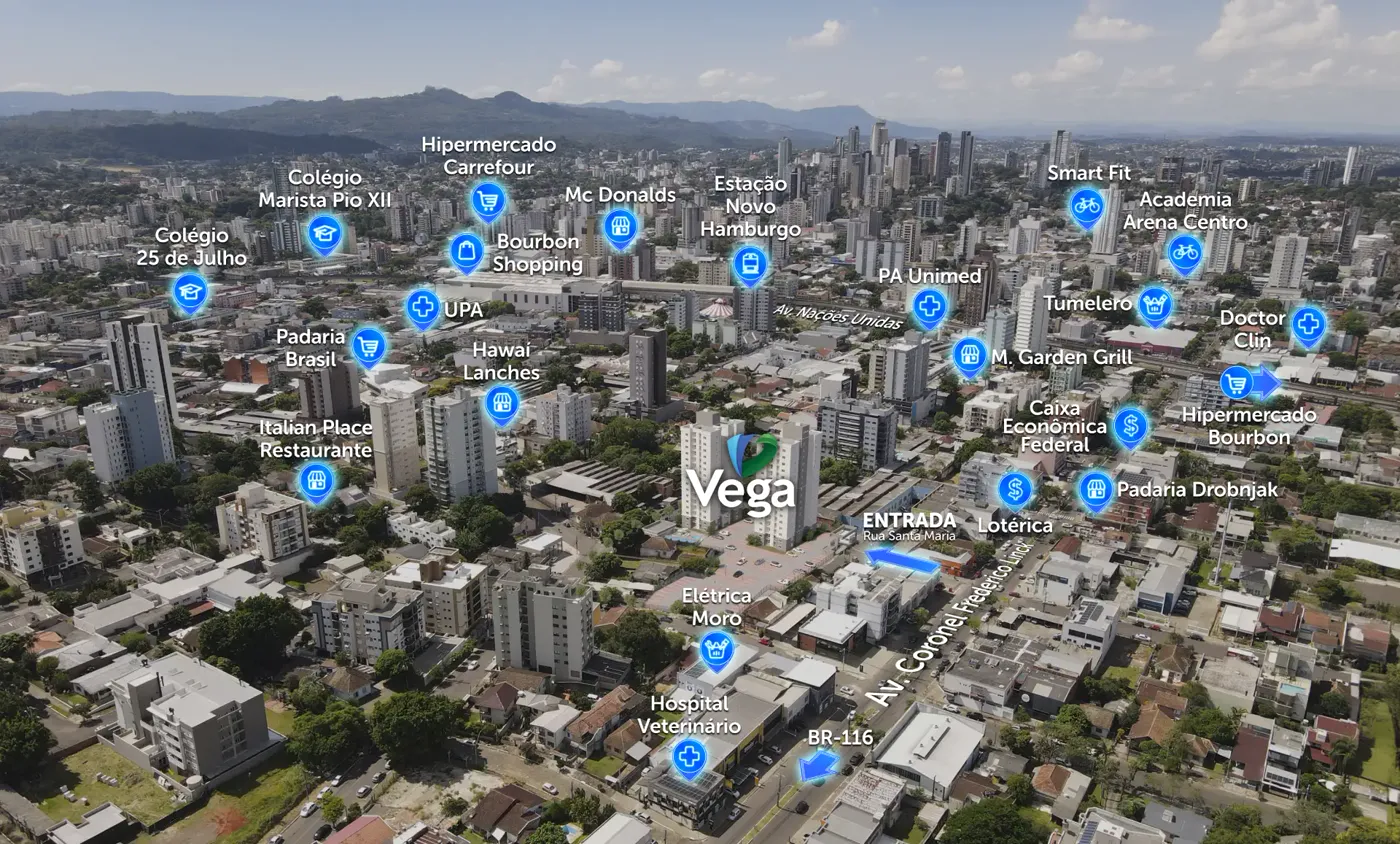 Mapa da região do Residencial Vega em Novo Hamburgo: Bourbon Shopping, colégios, mercado, UPA e comércio a poucos passos