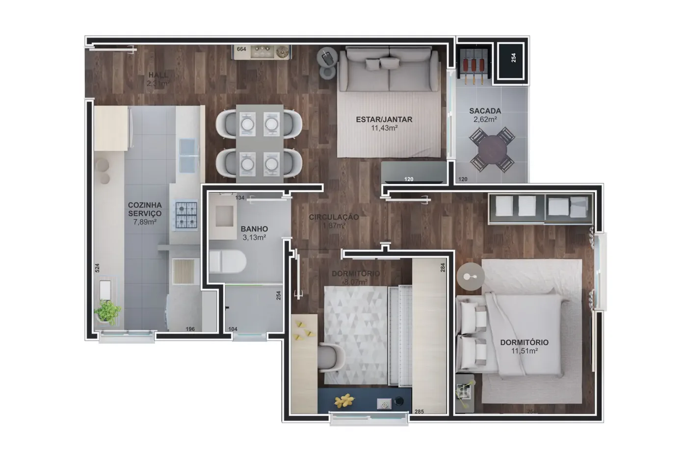 Planta do apartamento tipo de 2 dormitórios com 57,34 metros quadrados do Residencial Vega Novo Hamburgo